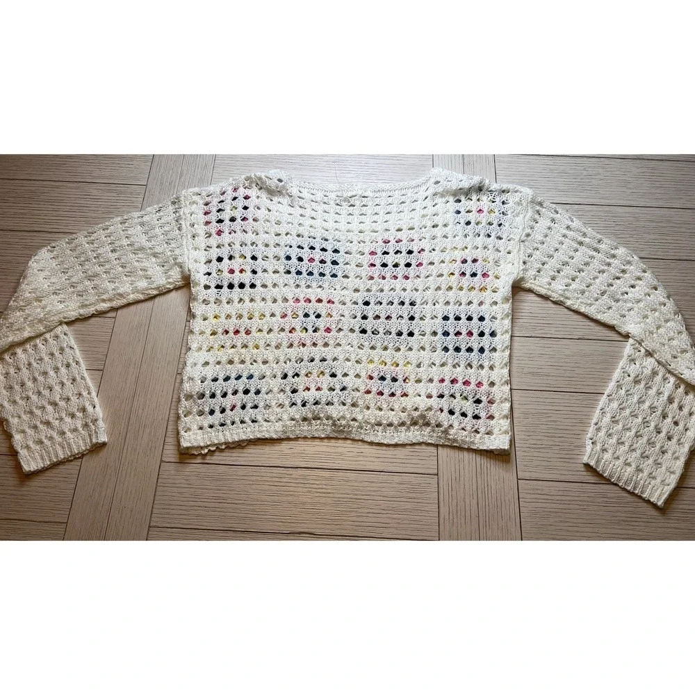 NWOT Debut Women's Open Crochet Colorful Floral Long‎ Sleeve Crop Sweater, Sz M